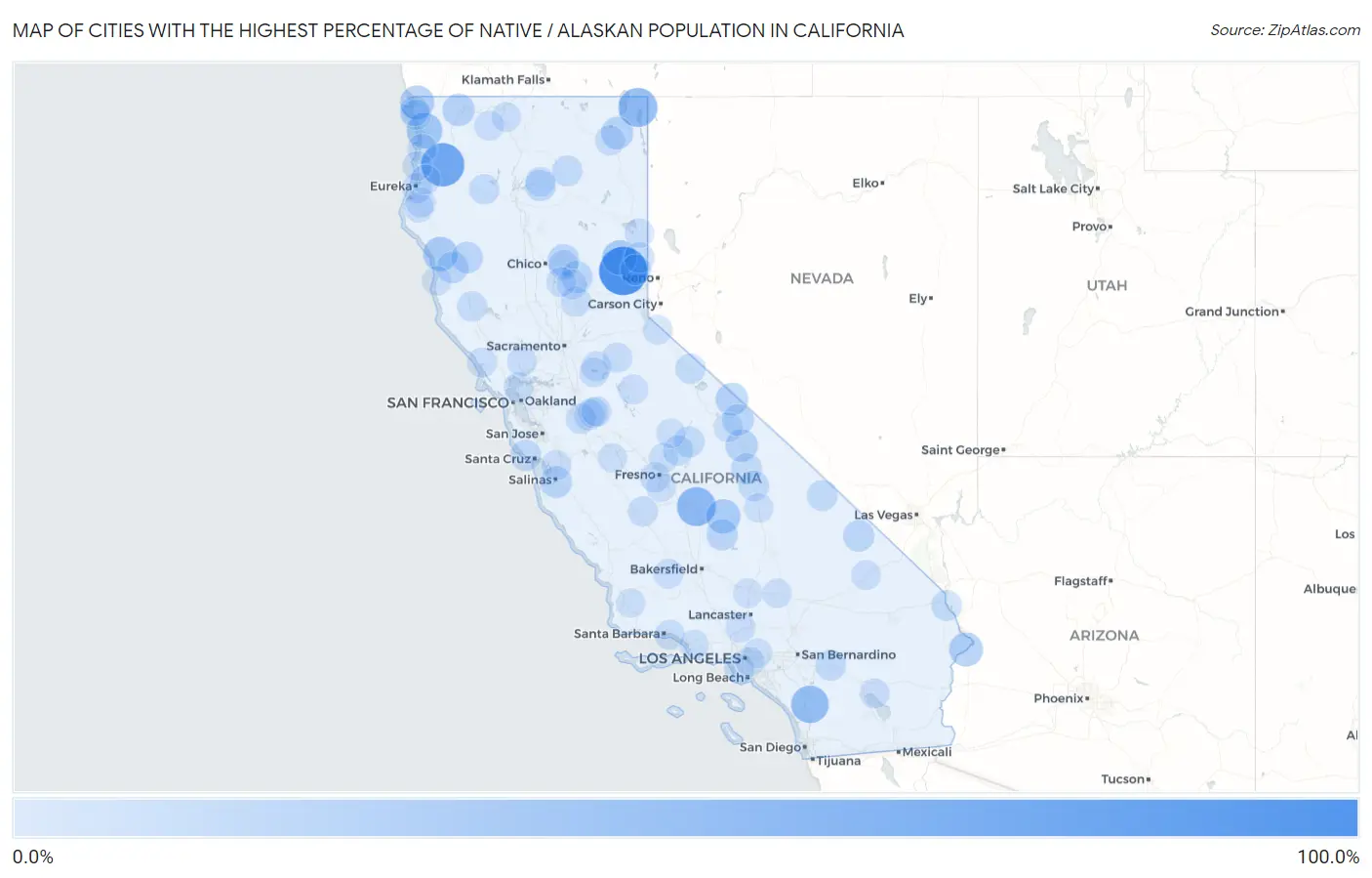 Cities with the Highest Percentage of Native / Alaskan Population in California Map