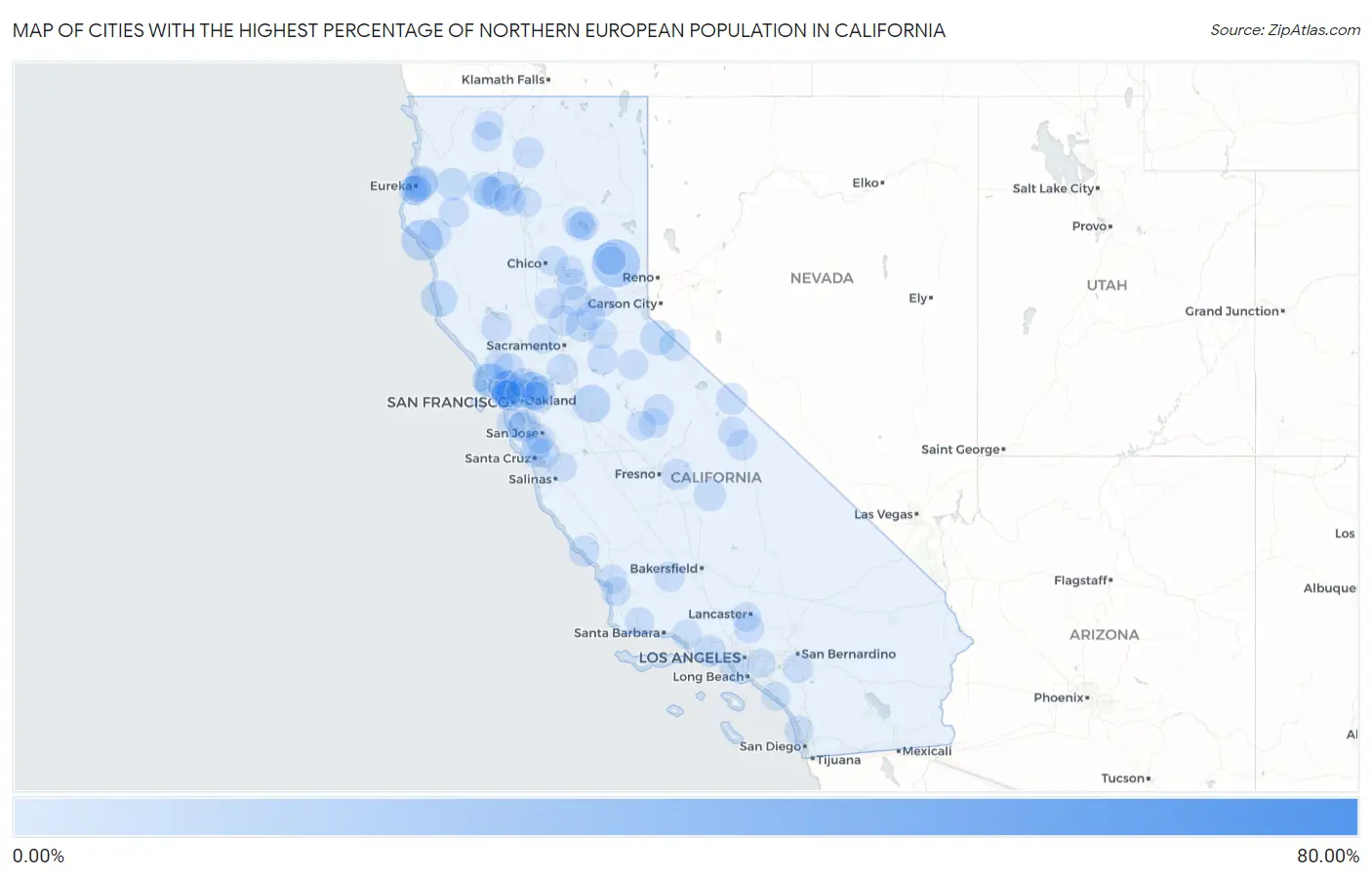 Cities with the Highest Percentage of Northern European Population in California Map