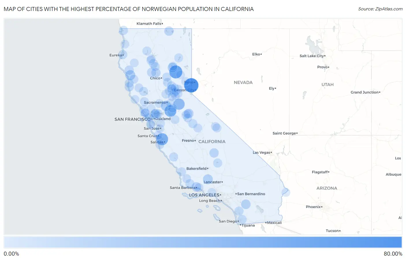 Cities with the Highest Percentage of Norwegian Population in California Map