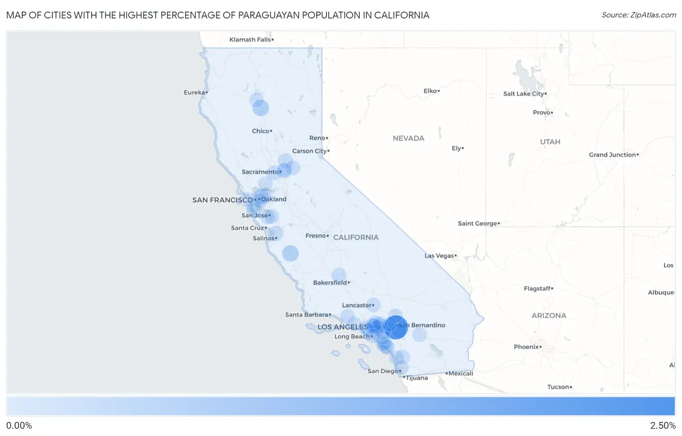 Cities with the Highest Percentage of Paraguayan Population in California Map