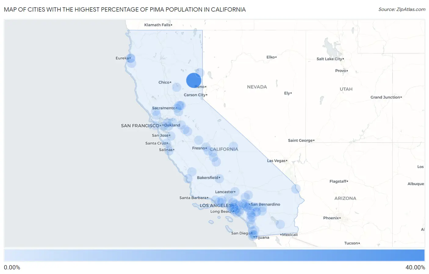 Cities with the Highest Percentage of Pima Population in California Map