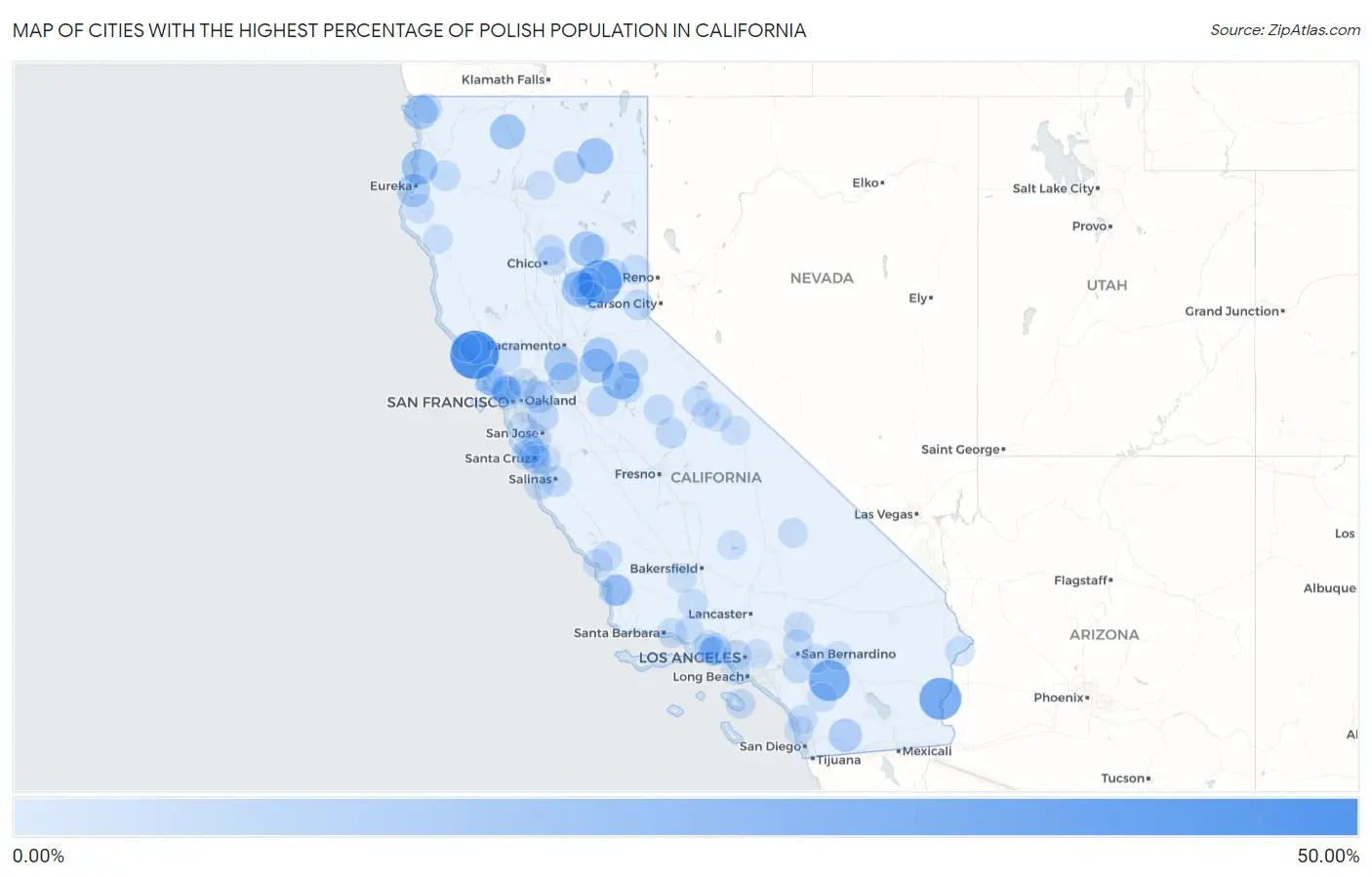 Cities with the Highest Percentage of Polish Population in California Map
