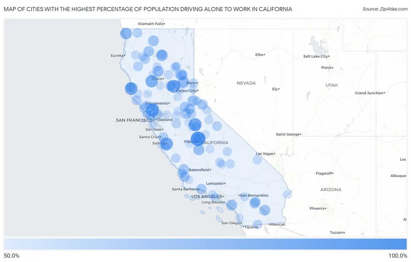 Cities with the Highest Percentage of Population Driving Alone to Work in California Map