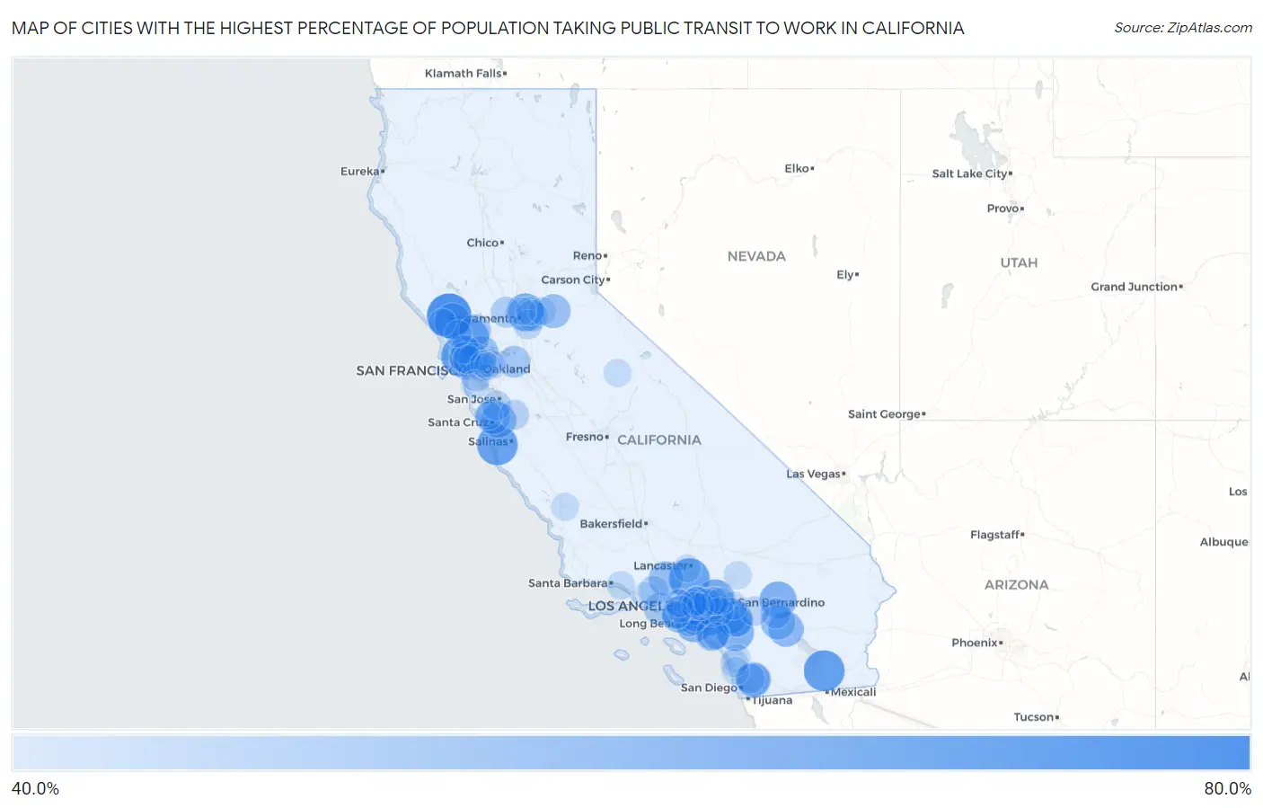 Cities with the Highest Percentage of Population Taking Public Transit to Work in California Map