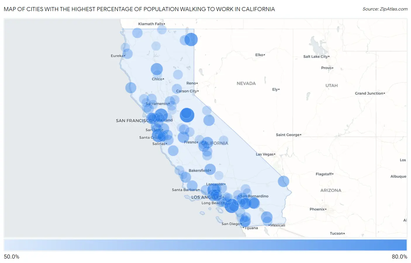 Cities with the Highest Percentage of Population Walking to Work in California Map