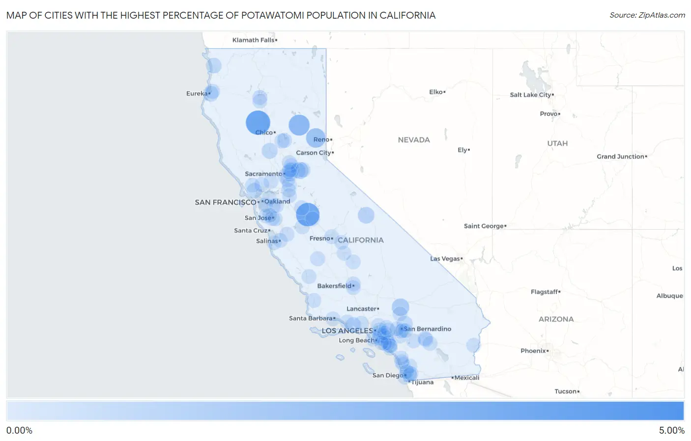 Cities with the Highest Percentage of Potawatomi Population in California Map