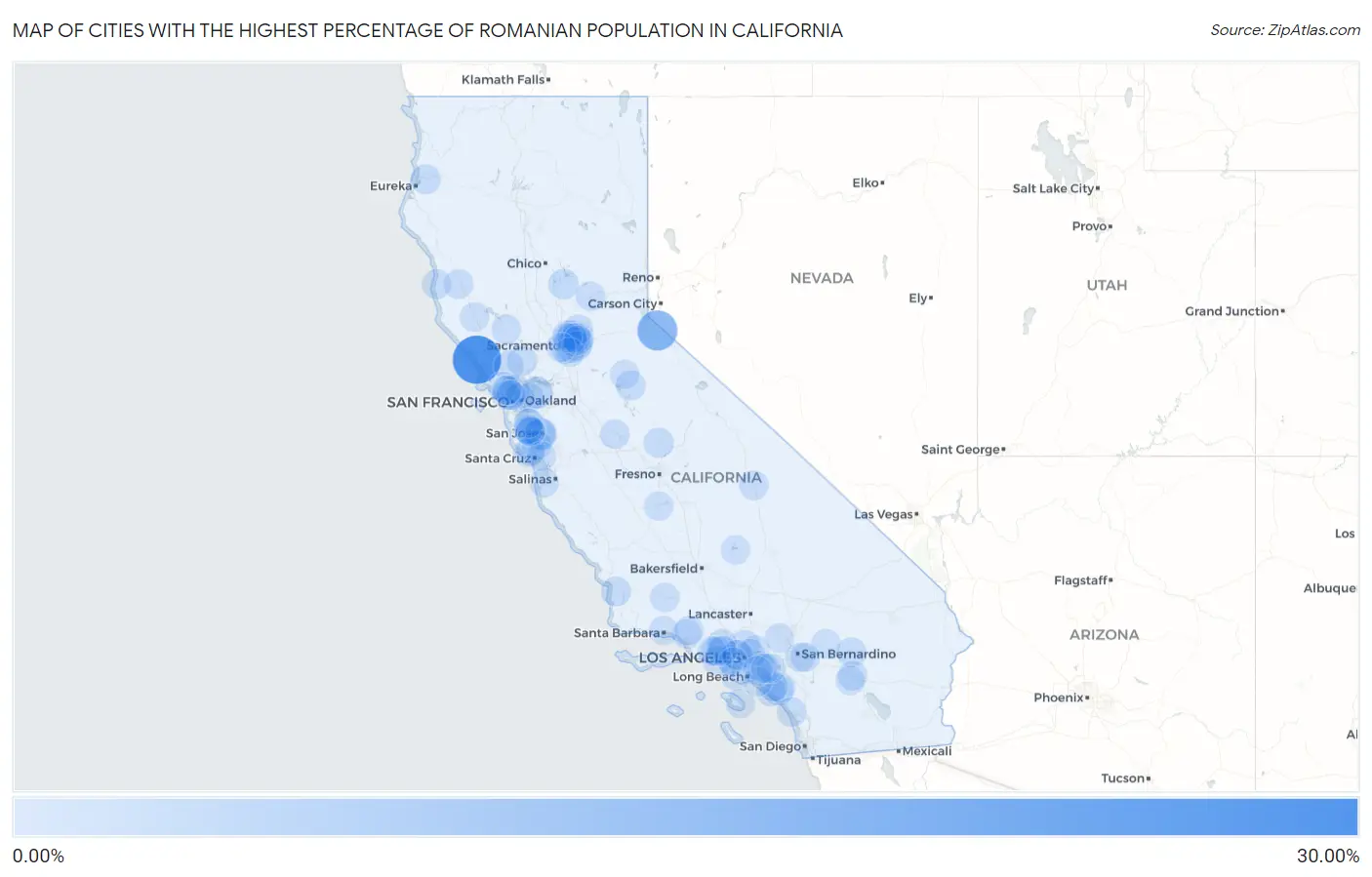 Cities with the Highest Percentage of Romanian Population in California Map