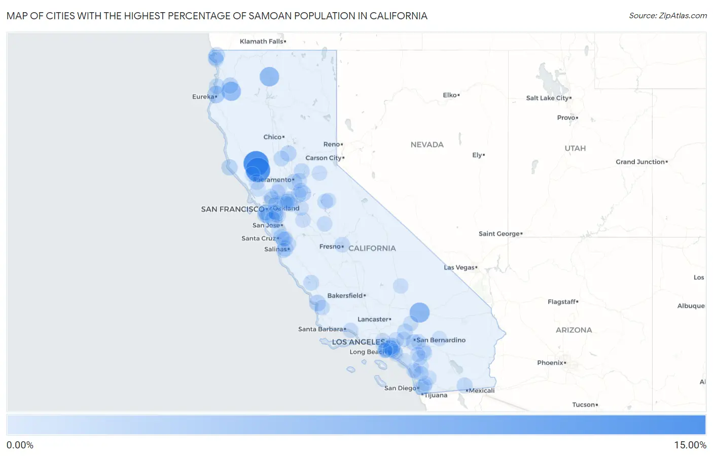 Cities with the Highest Percentage of Samoan Population in California Map