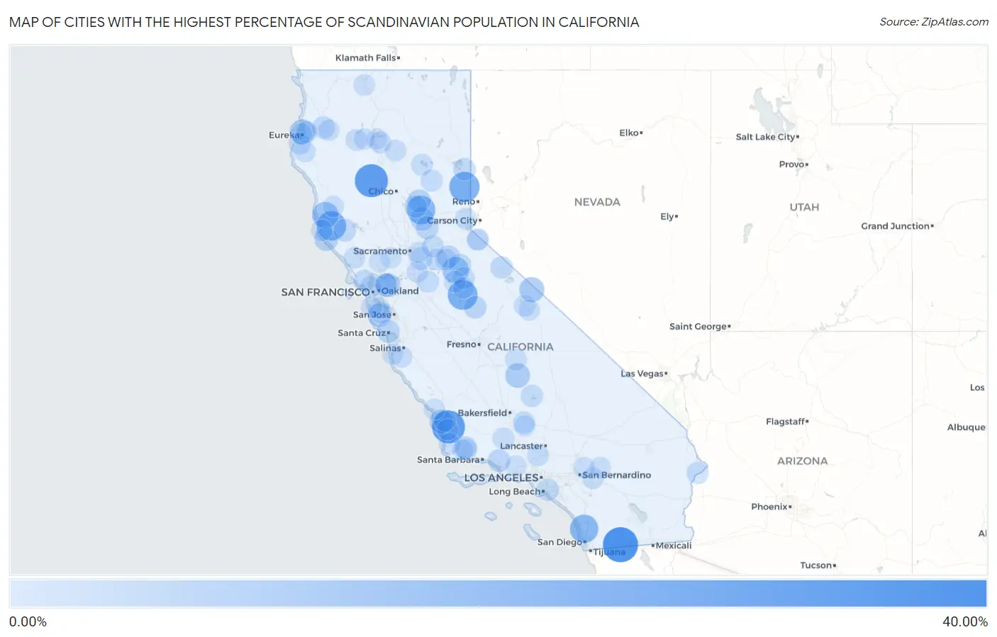 Cities with the Highest Percentage of Scandinavian Population in California Map