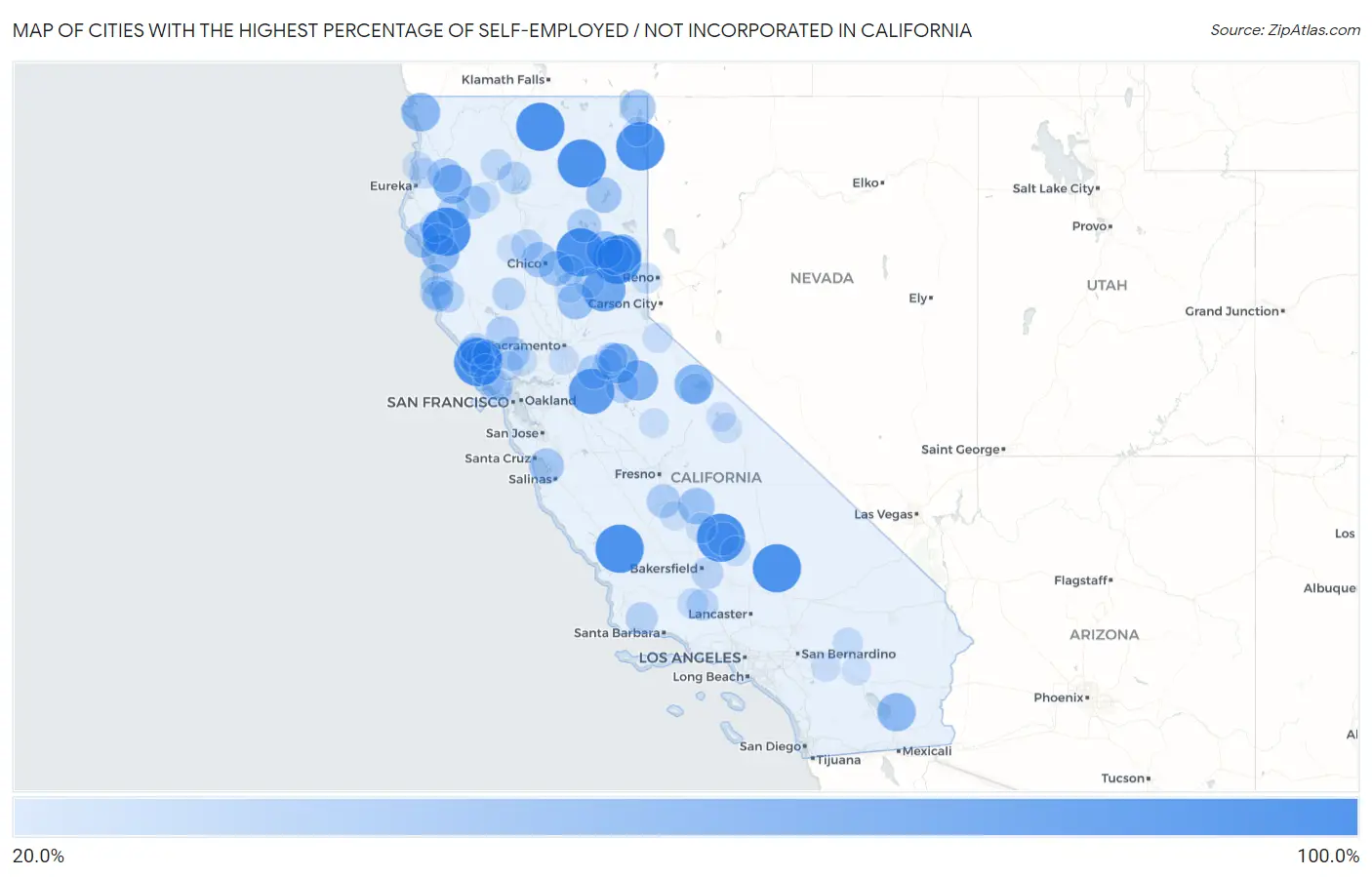 Cities with the Highest Percentage of Self-Employed / Not Incorporated in California Map