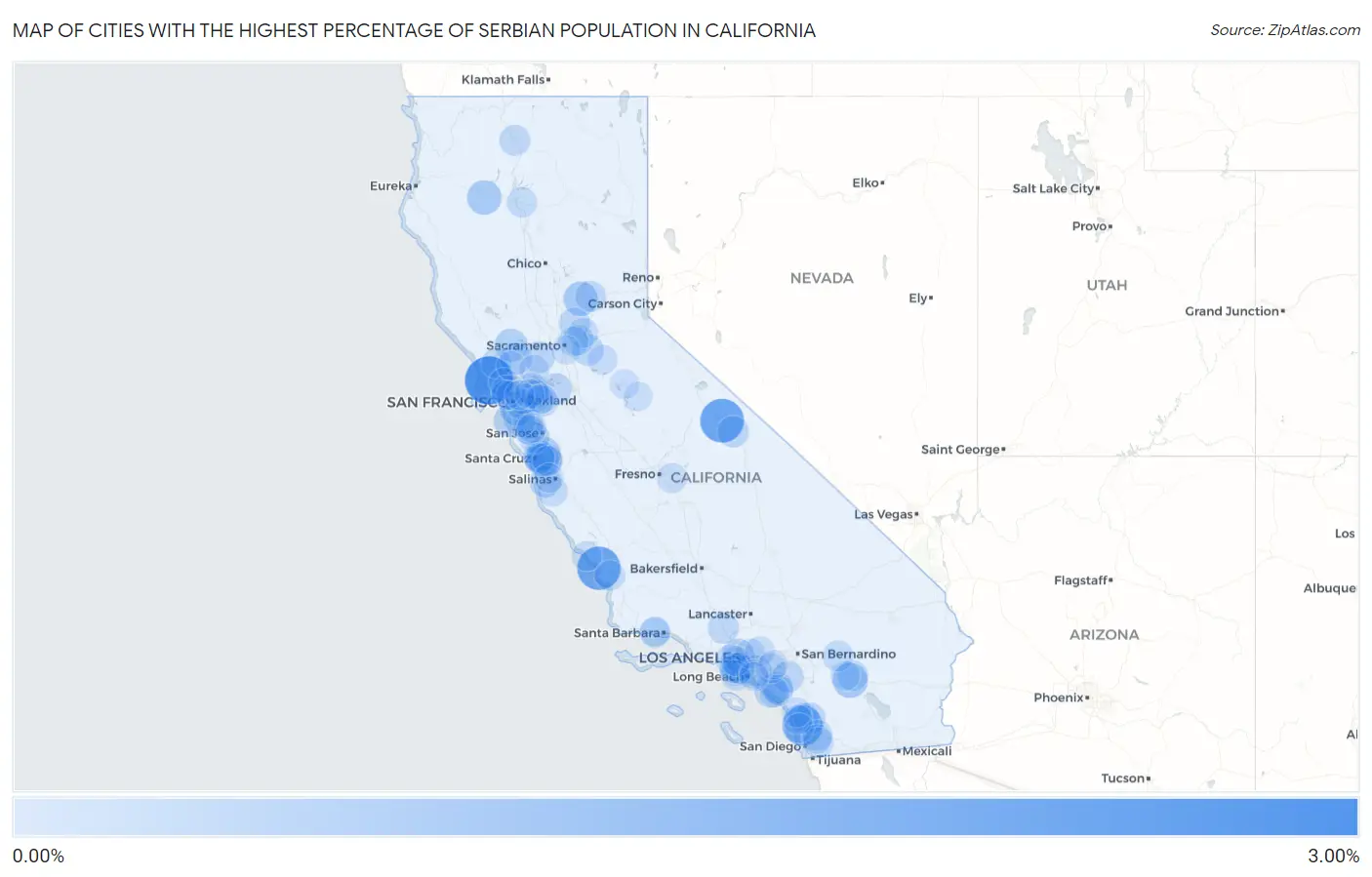 Cities with the Highest Percentage of Serbian Population in California Map