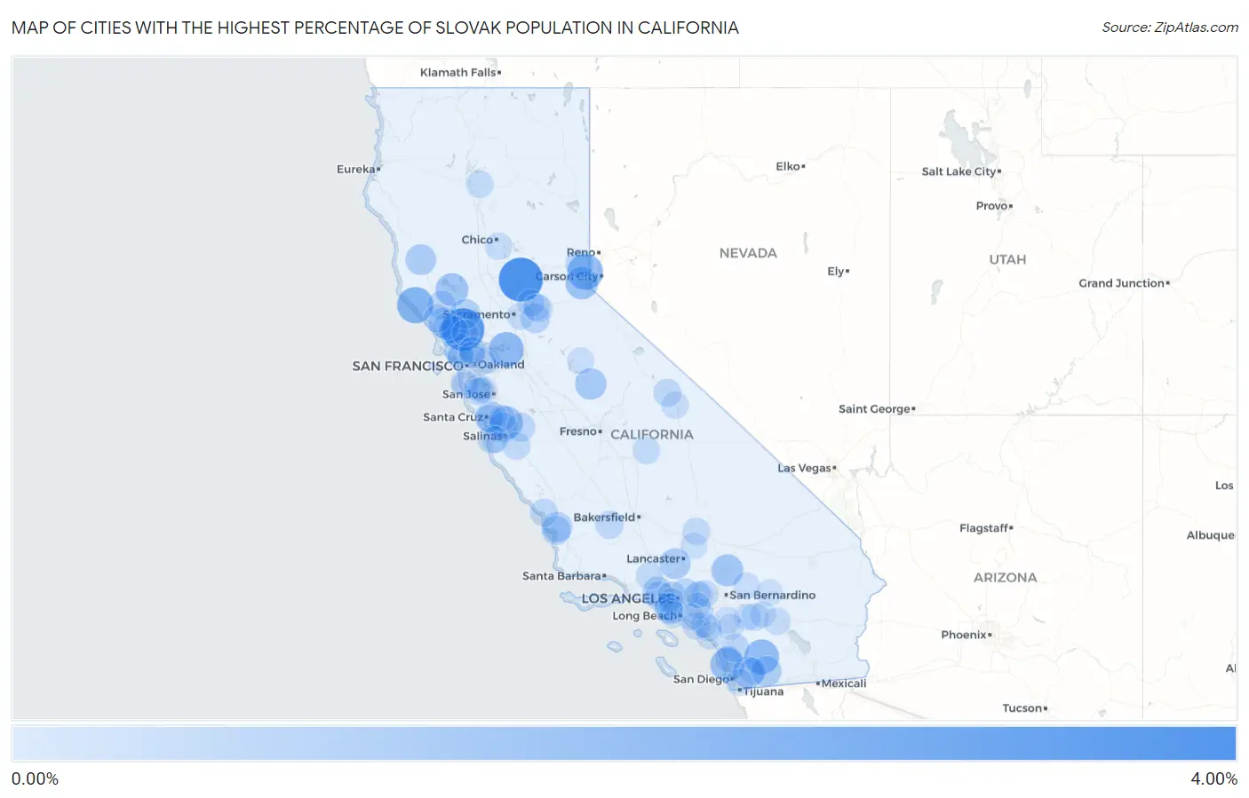 Cities with the Highest Percentage of Slovak Population in California Map