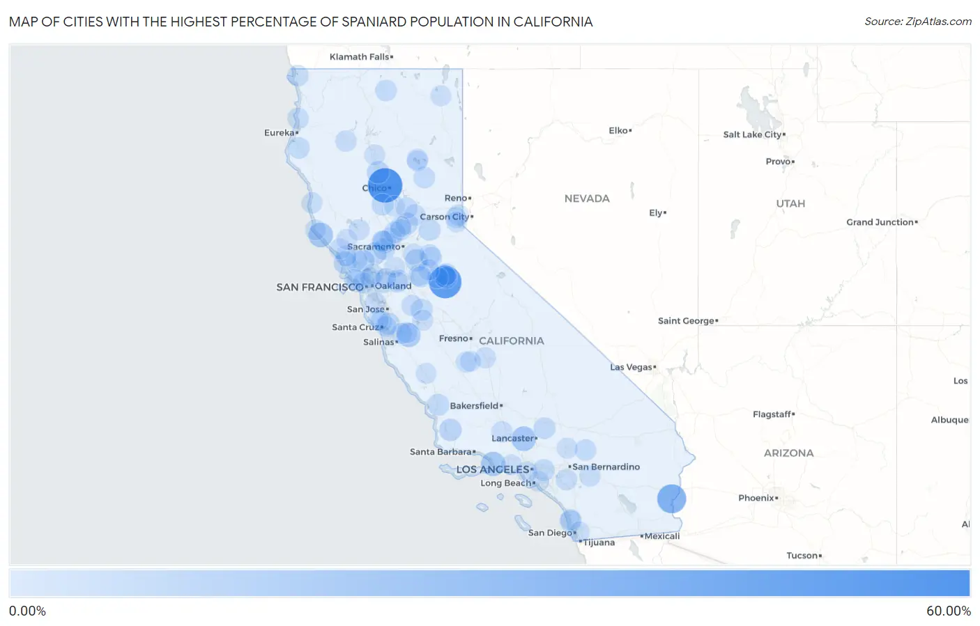 Cities with the Highest Percentage of Spaniard Population in California Map