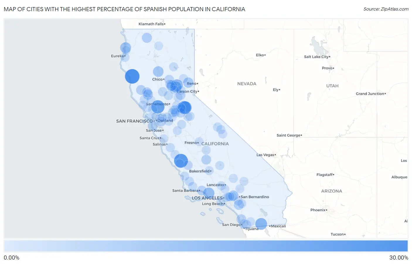 Cities with the Highest Percentage of Spanish Population in California Map
