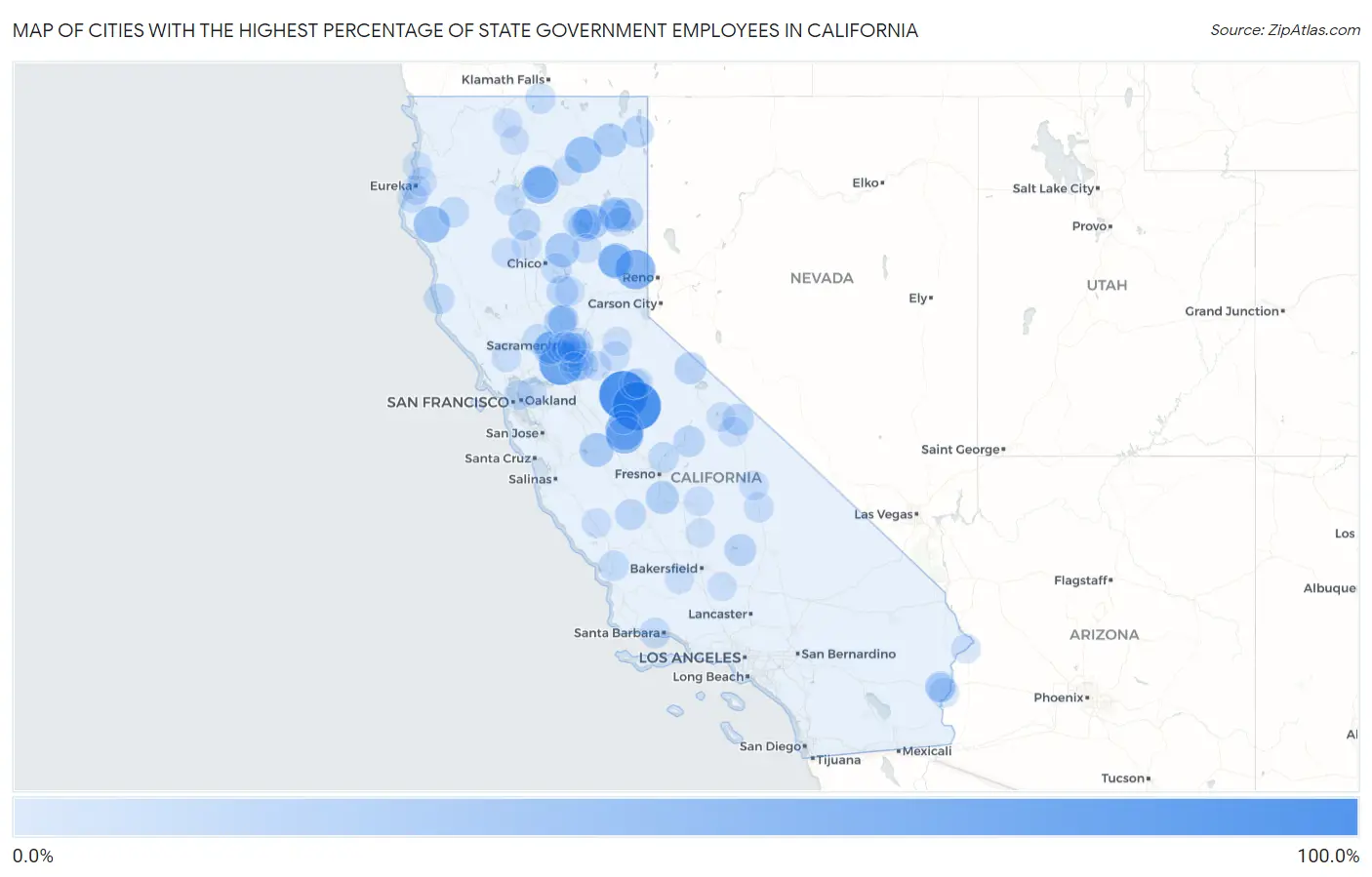 Cities with the Highest Percentage of State Government Employees in California Map