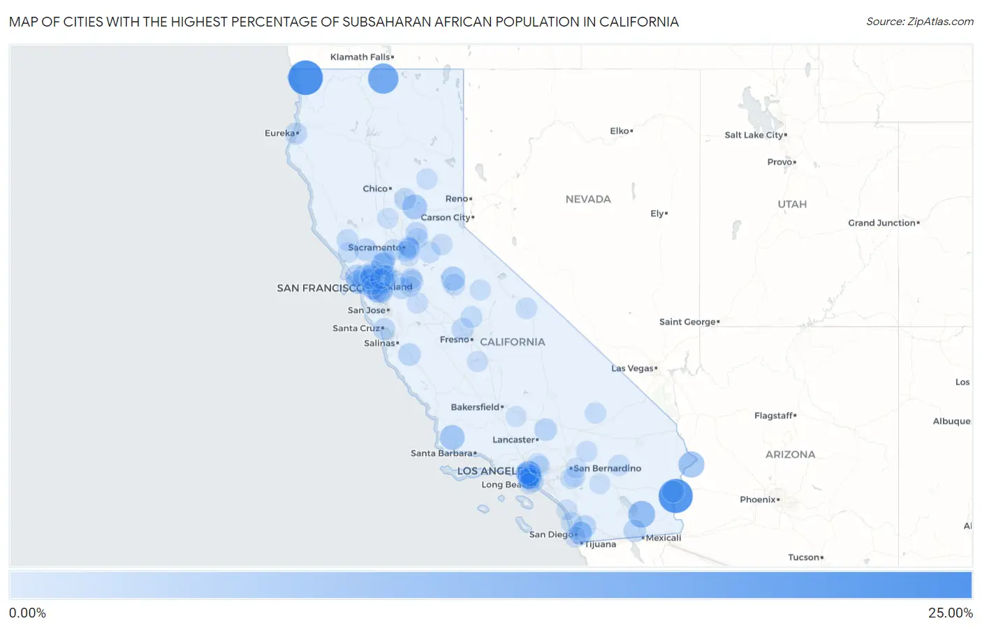 Cities with the Highest Percentage of Subsaharan African Population in California Map
