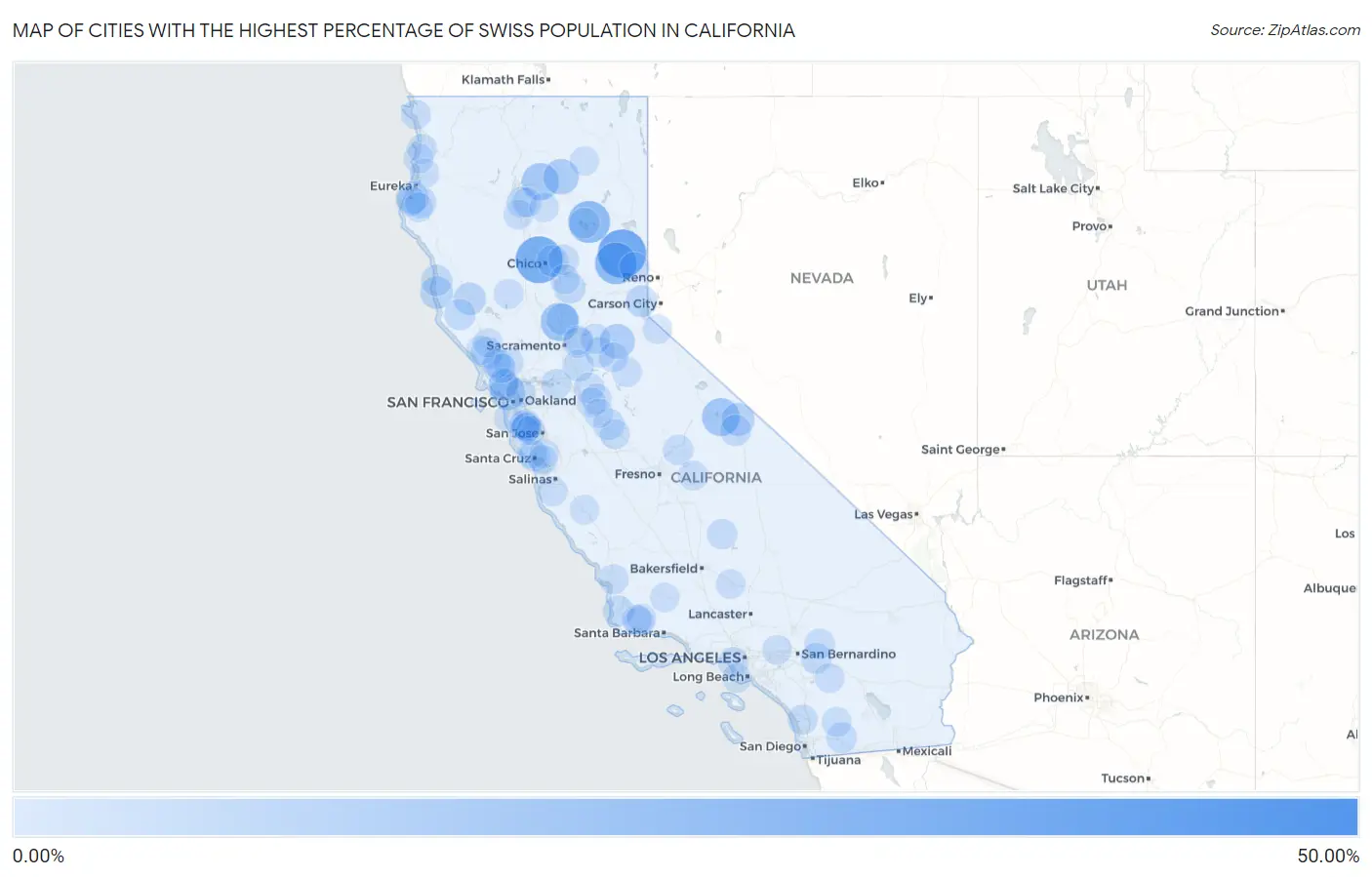 Cities with the Highest Percentage of Swiss Population in California Map