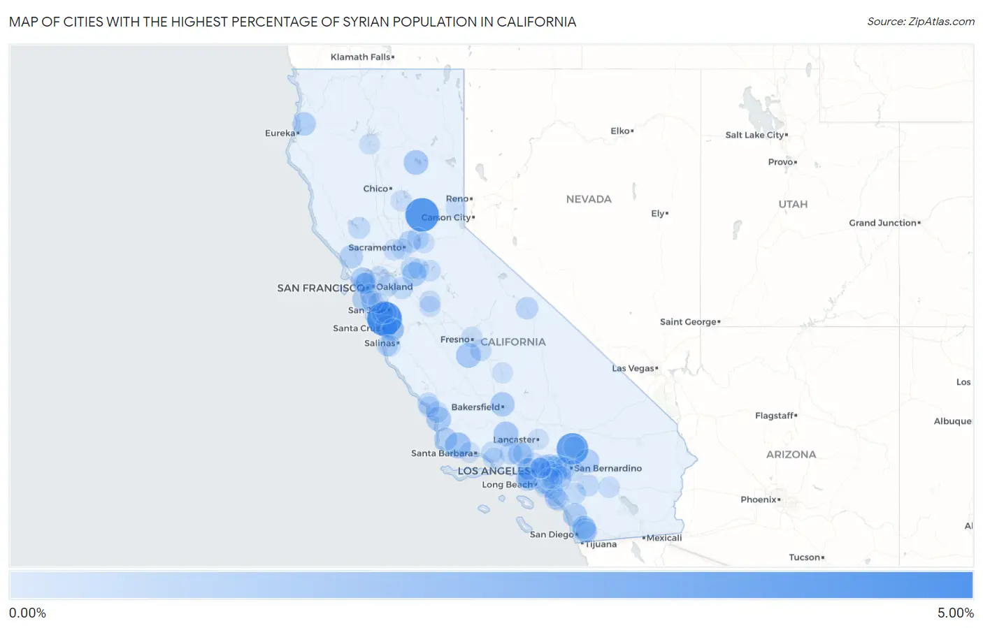 Cities with the Highest Percentage of Syrian Population in California Map