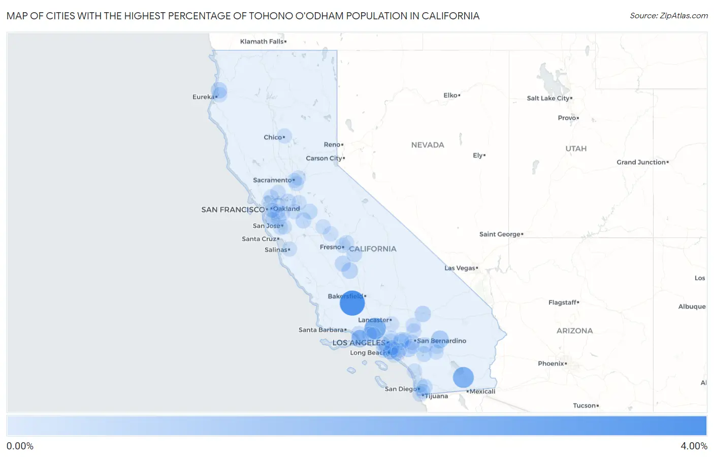 Cities with the Highest Percentage of Tohono O'Odham Population in California Map