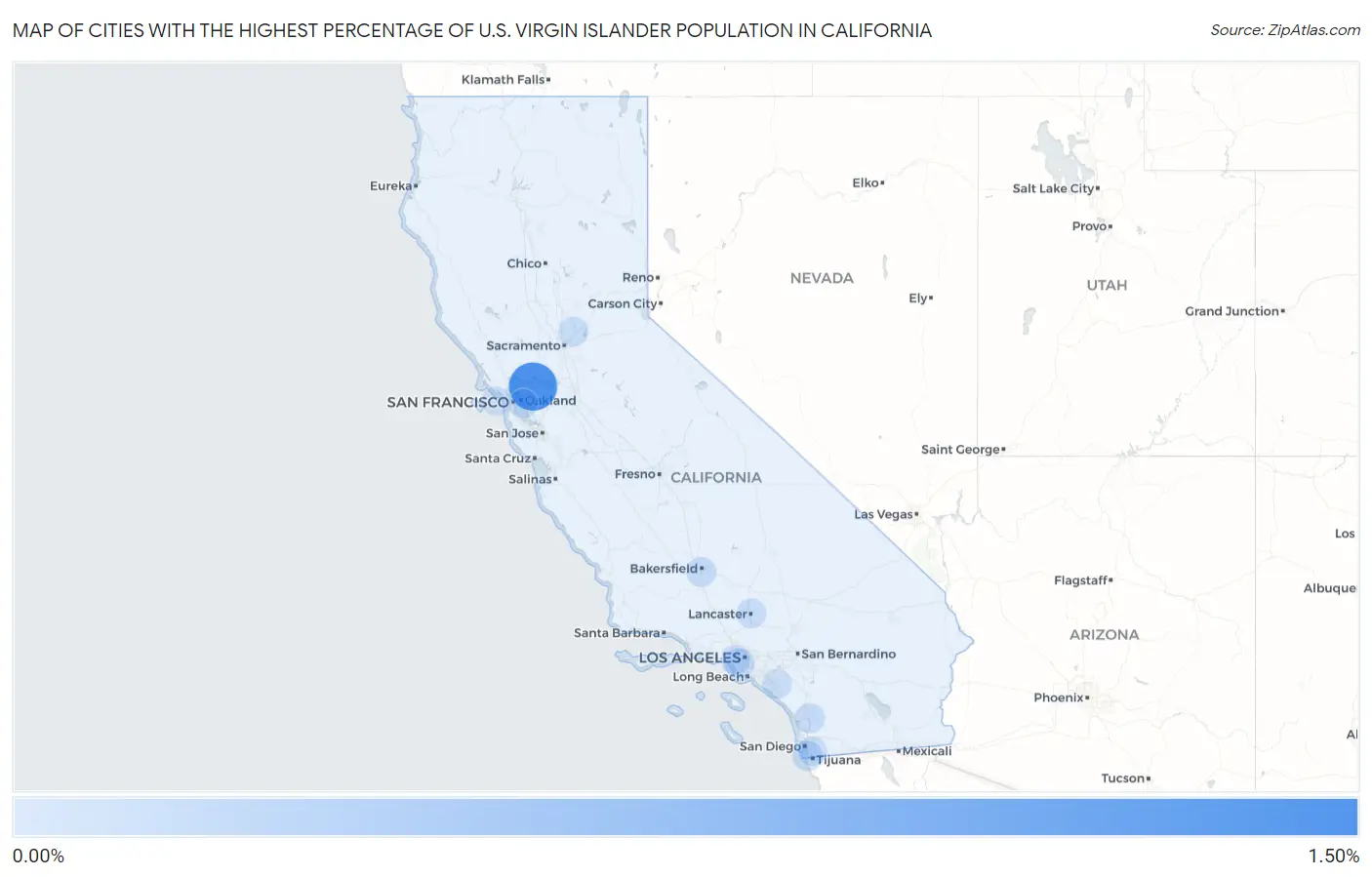 Cities with the Highest Percentage of U.S. Virgin Islander Population in California Map