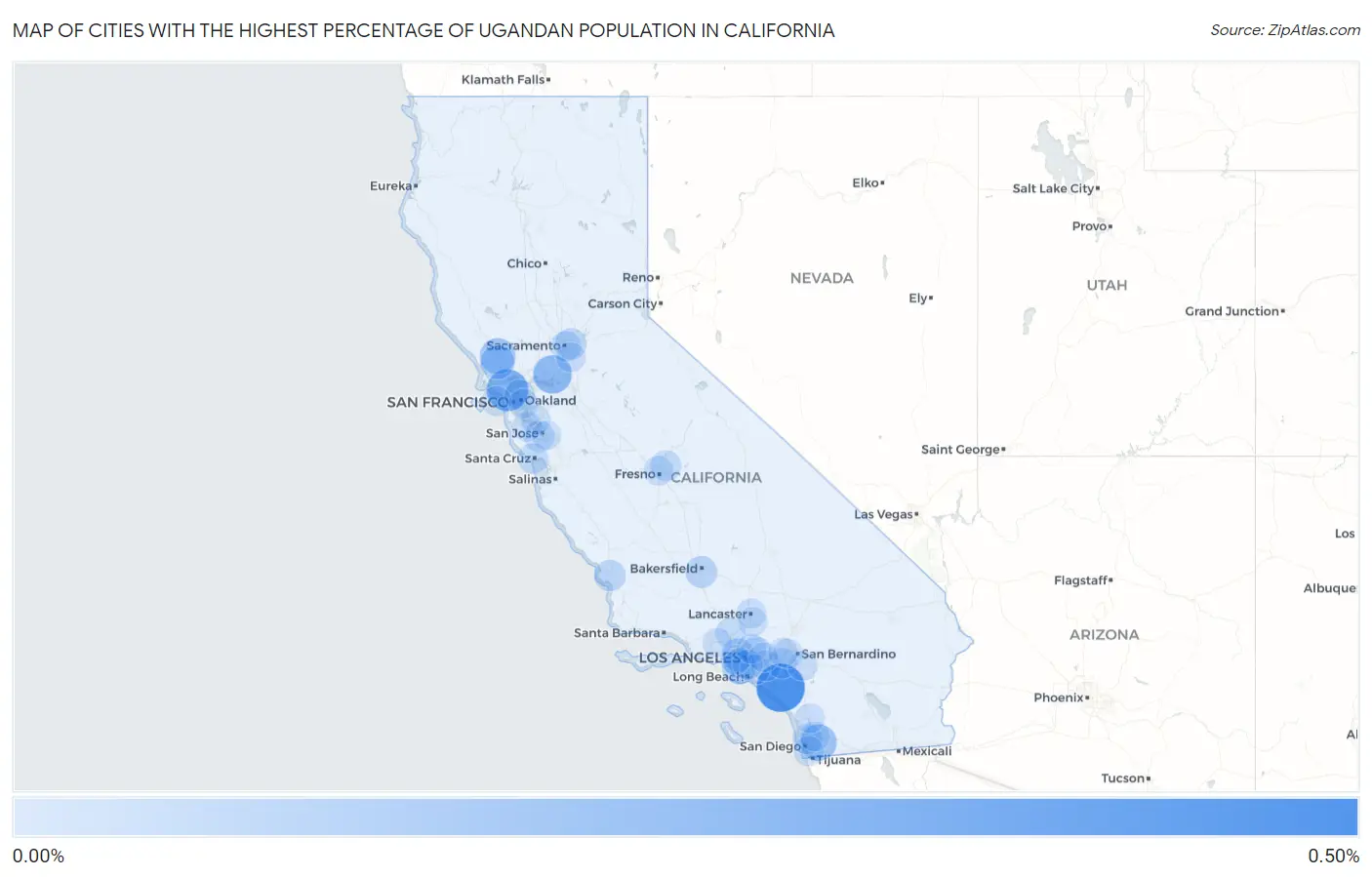 Cities with the Highest Percentage of Ugandan Population in California Map