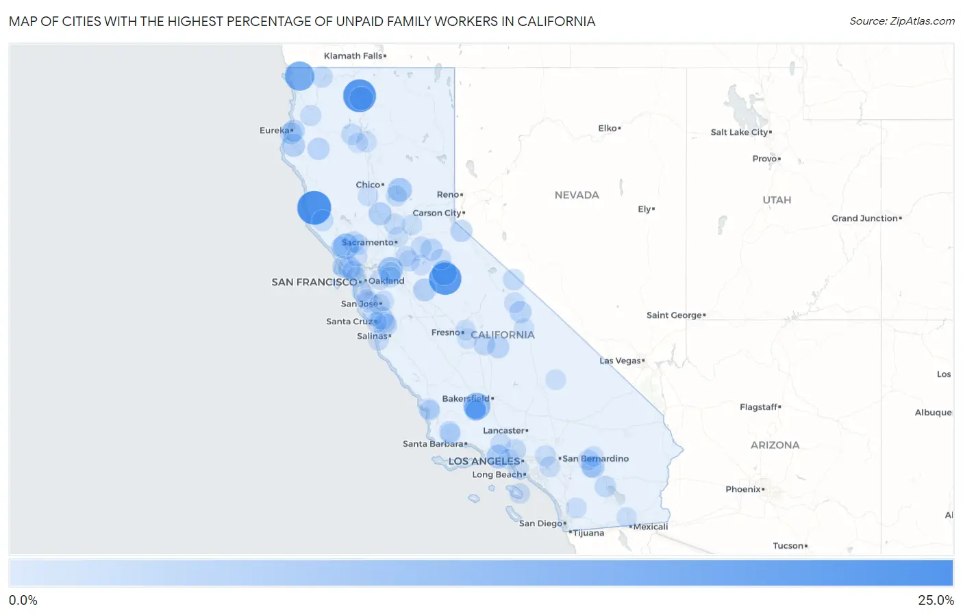 Cities with the Highest Percentage of Unpaid Family Workers in California Map