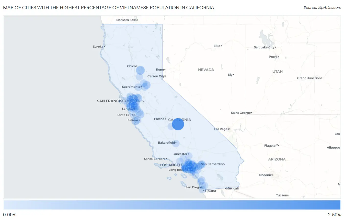 Cities with the Highest Percentage of Vietnamese Population in California Map