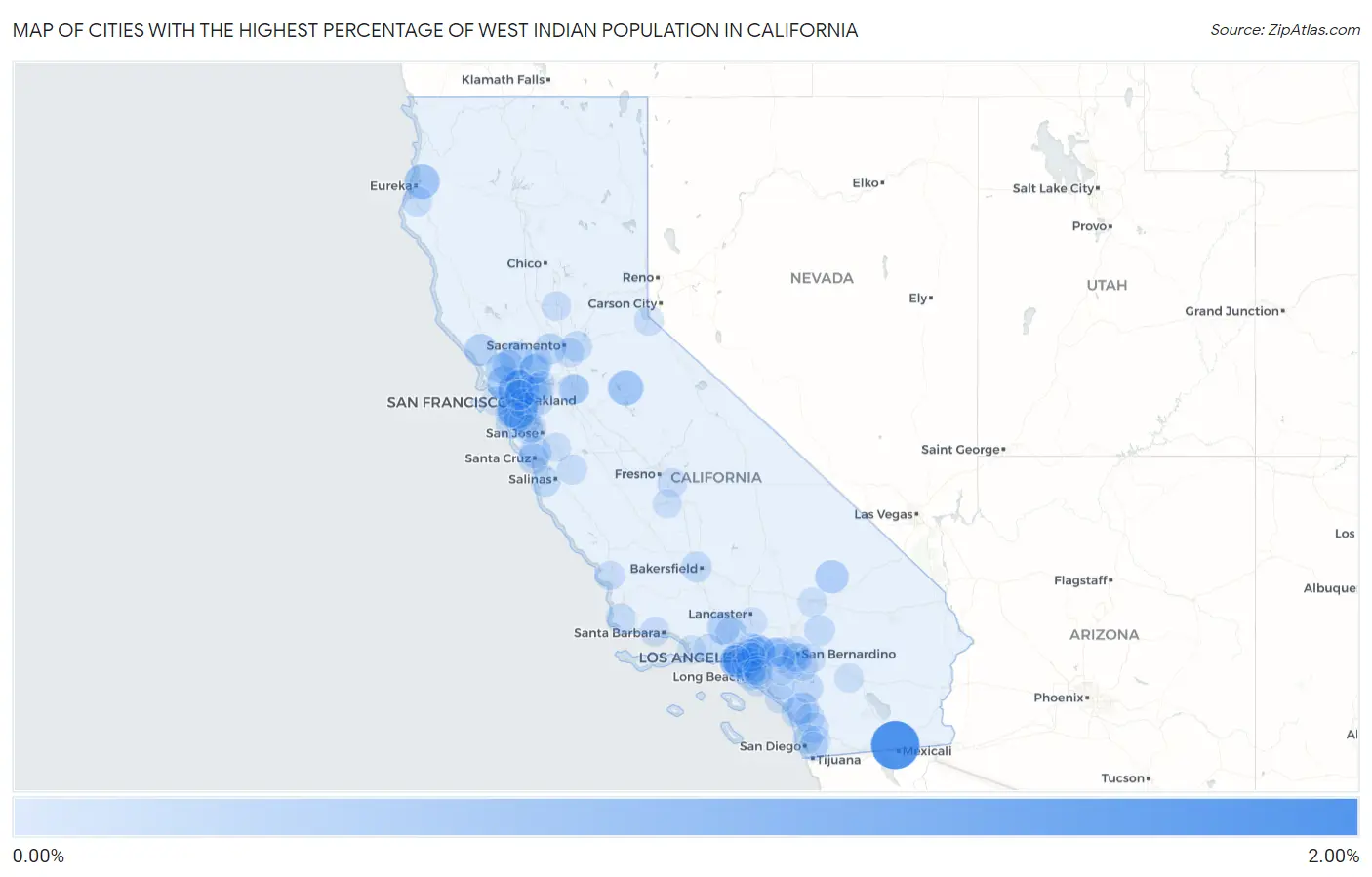 Cities with the Highest Percentage of West Indian Population in California Map