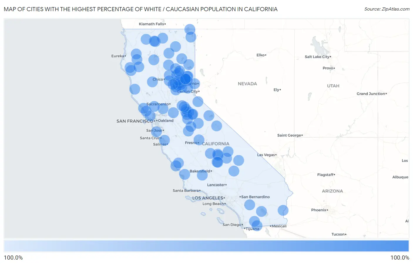 Cities with the Highest Percentage of White / Caucasian Population in California Map