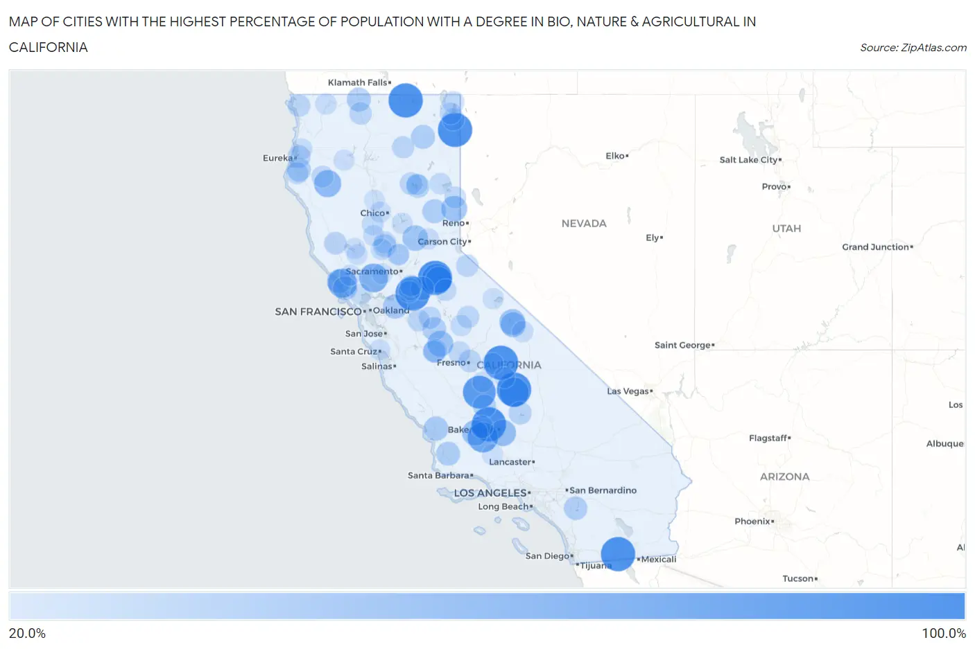 Cities with the Highest Percentage of Population with a Degree in Bio, Nature & Agricultural in California Map