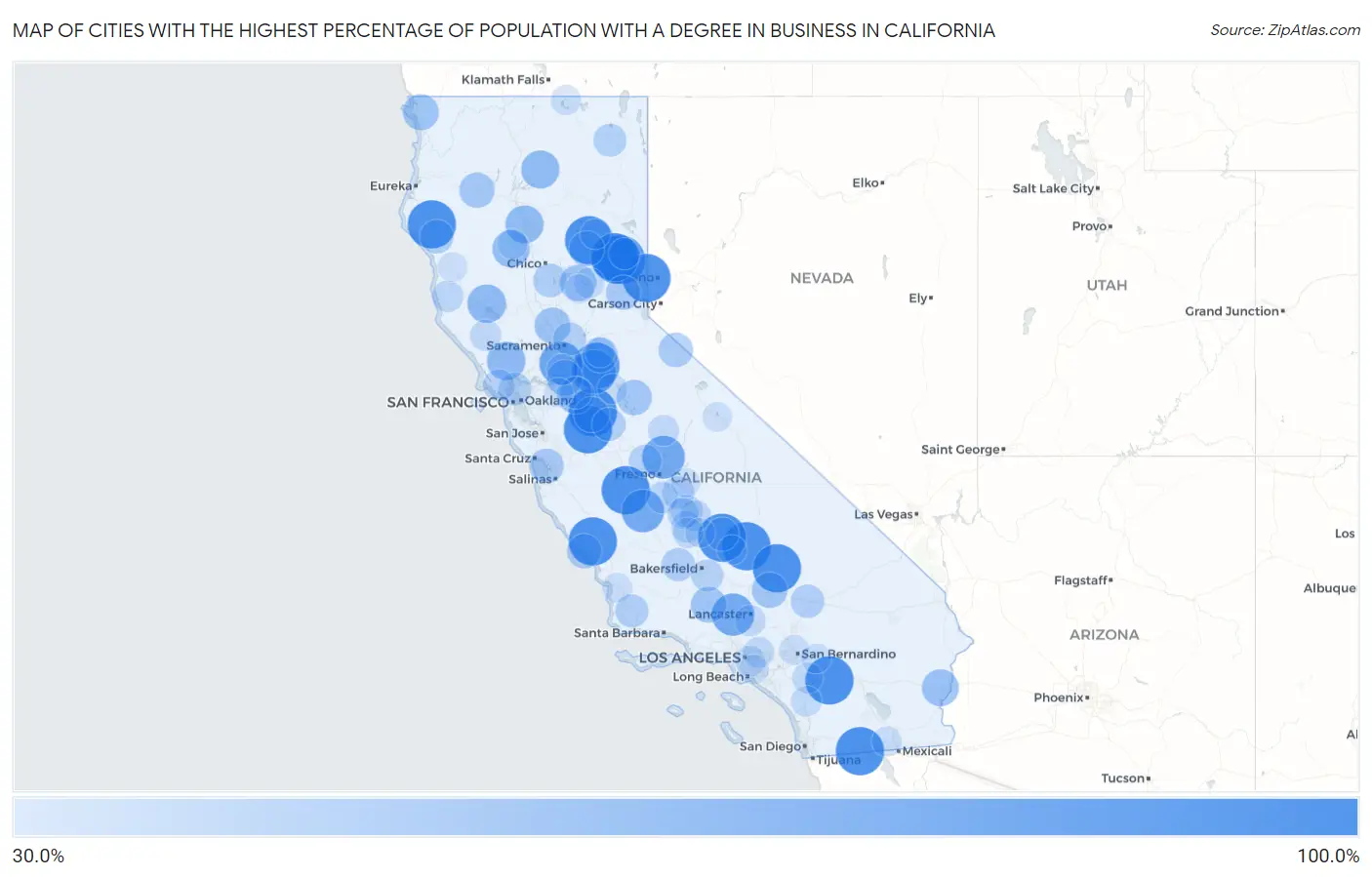 Cities with the Highest Percentage of Population with a Degree in Business in California Map