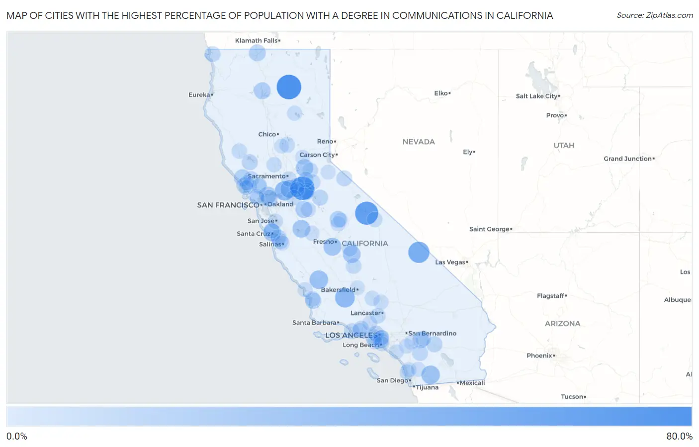 Cities with the Highest Percentage of Population with a Degree in Communications in California Map
