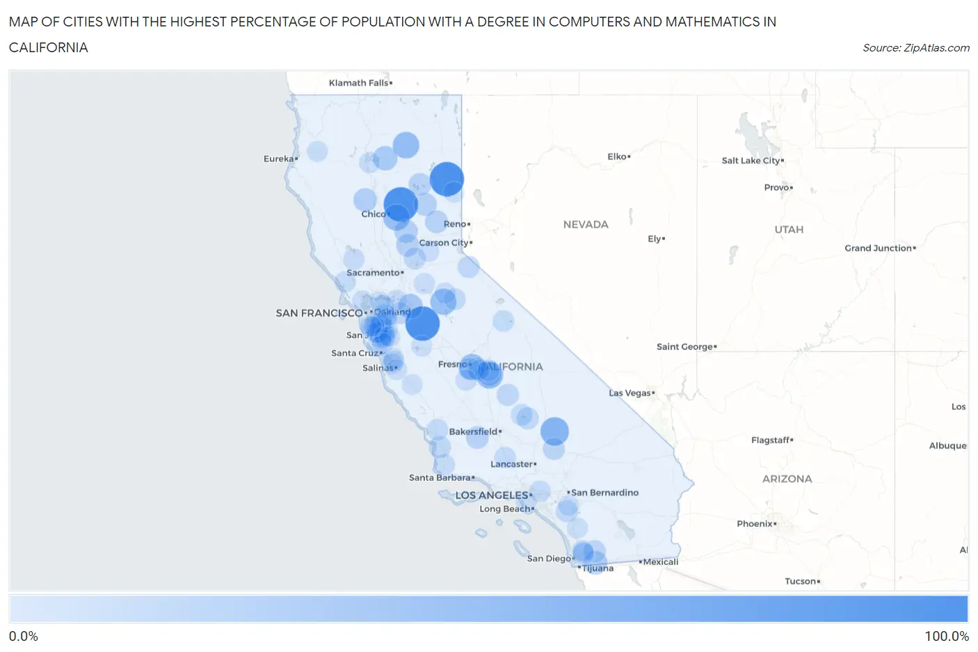 Cities with the Highest Percentage of Population with a Degree in Computers and Mathematics in California Map