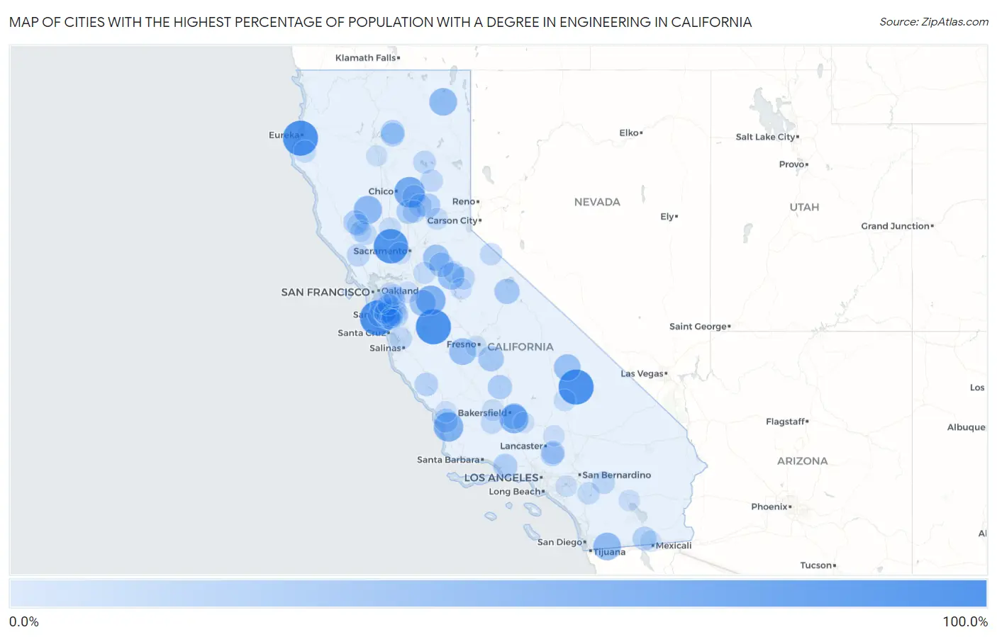 Cities with the Highest Percentage of Population with a Degree in Engineering in California Map
