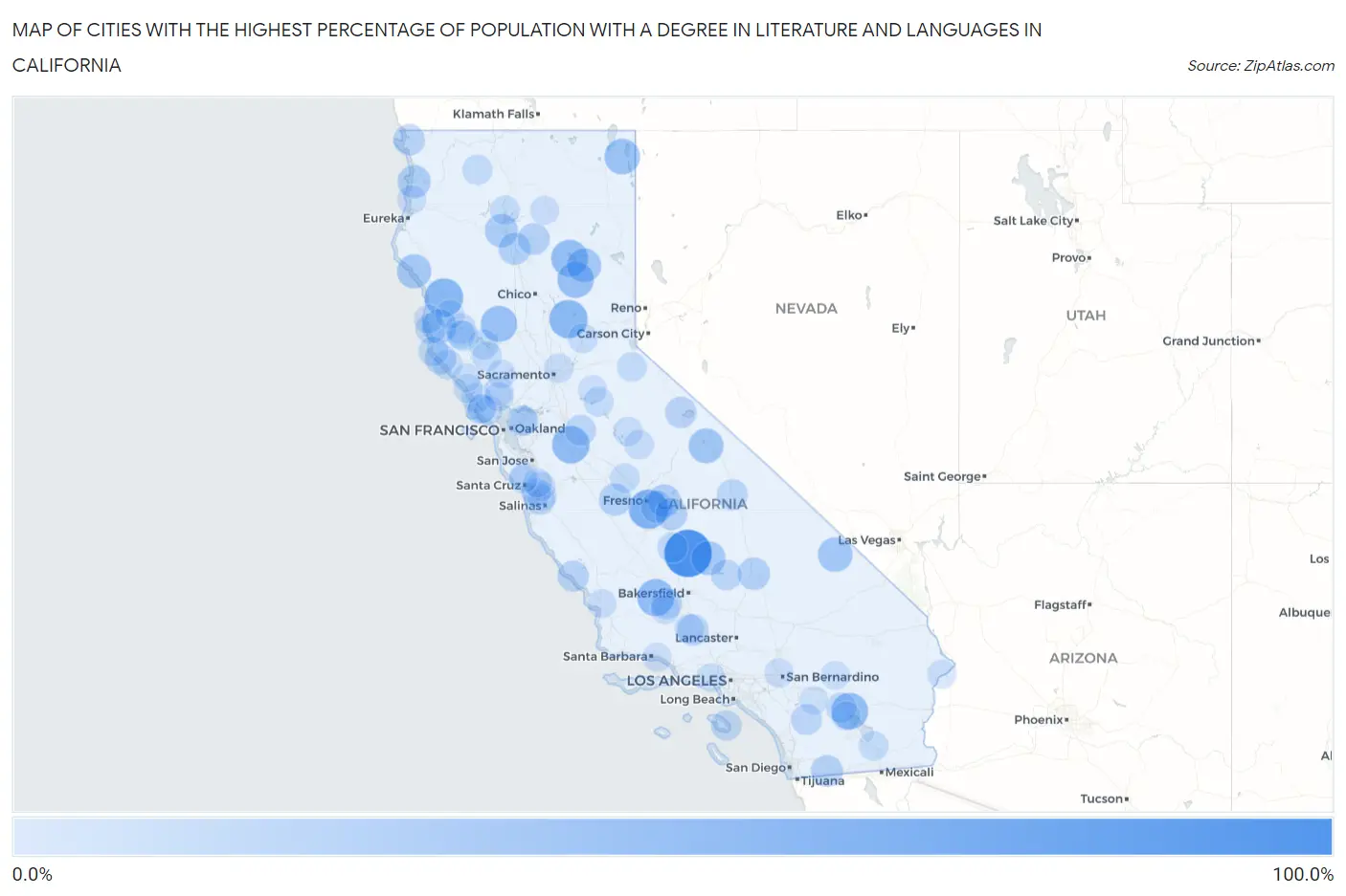 Cities with the Highest Percentage of Population with a Degree in Literature and Languages in California Map