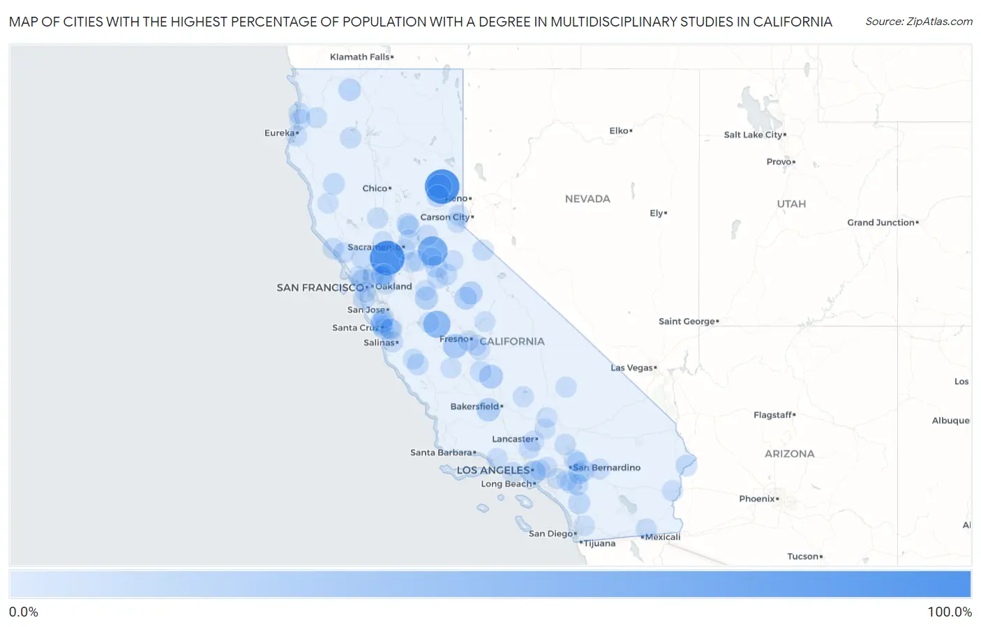 Cities with the Highest Percentage of Population with a Degree in Multidisciplinary Studies in California Map