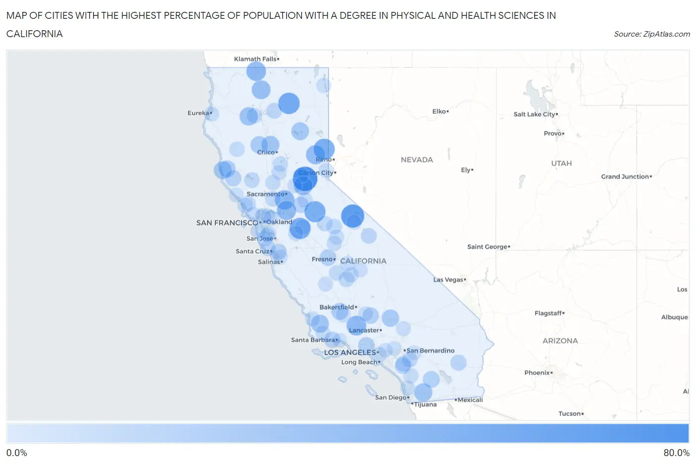 Cities with the Highest Percentage of Population with a Degree in Physical and Health Sciences in California Map