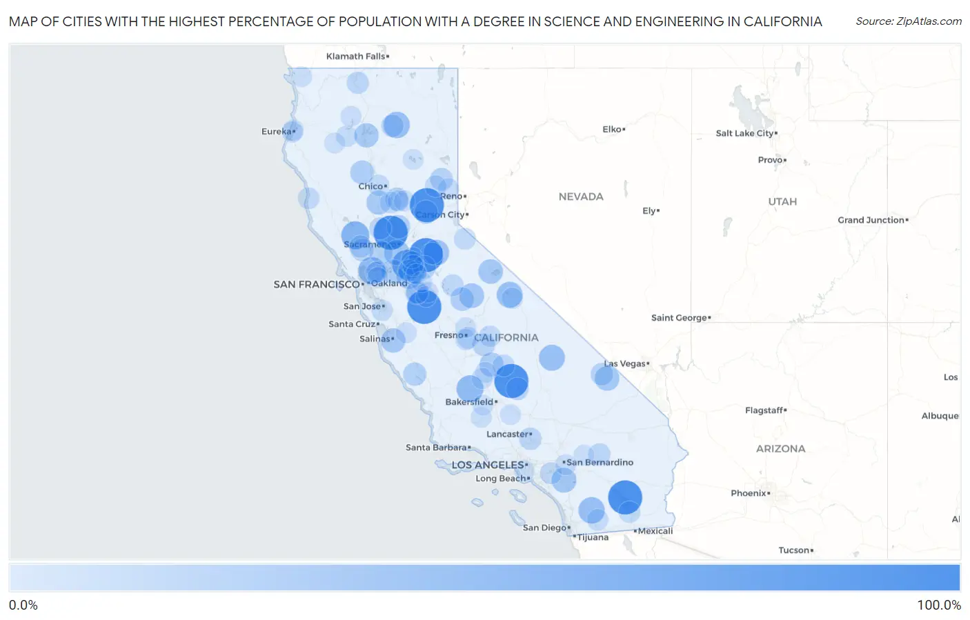 Cities with the Highest Percentage of Population with a Degree in Science and Engineering in California Map