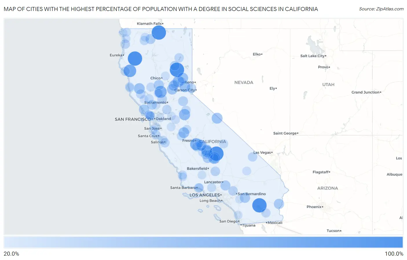 Cities with the Highest Percentage of Population with a Degree in Social Sciences in California Map