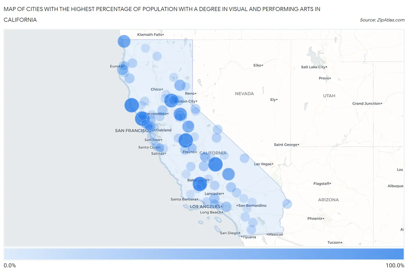 Cities with the Highest Percentage of Population with a Degree in Visual and Performing Arts in California Map