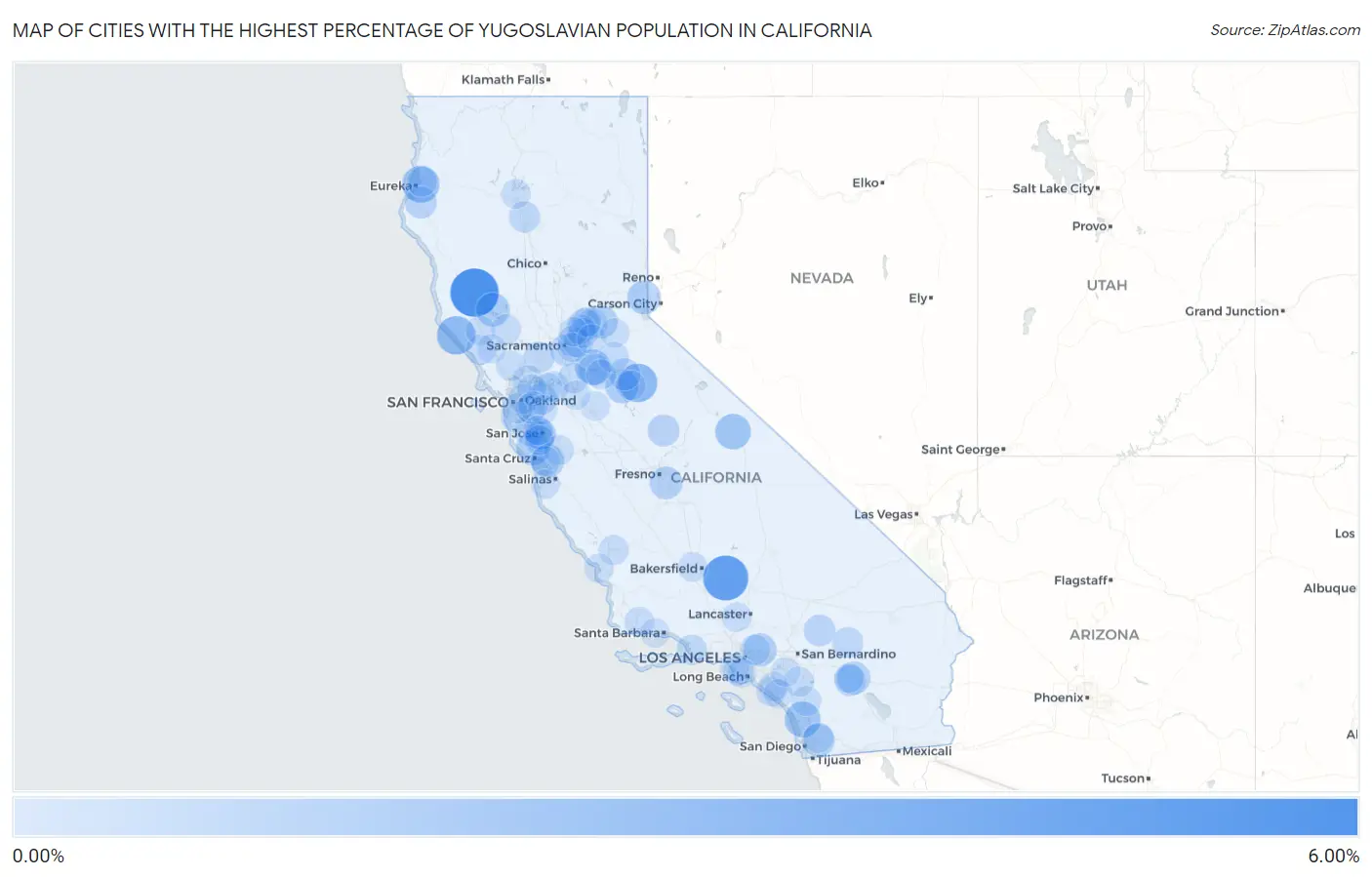 Cities with the Highest Percentage of Yugoslavian Population in California Map
