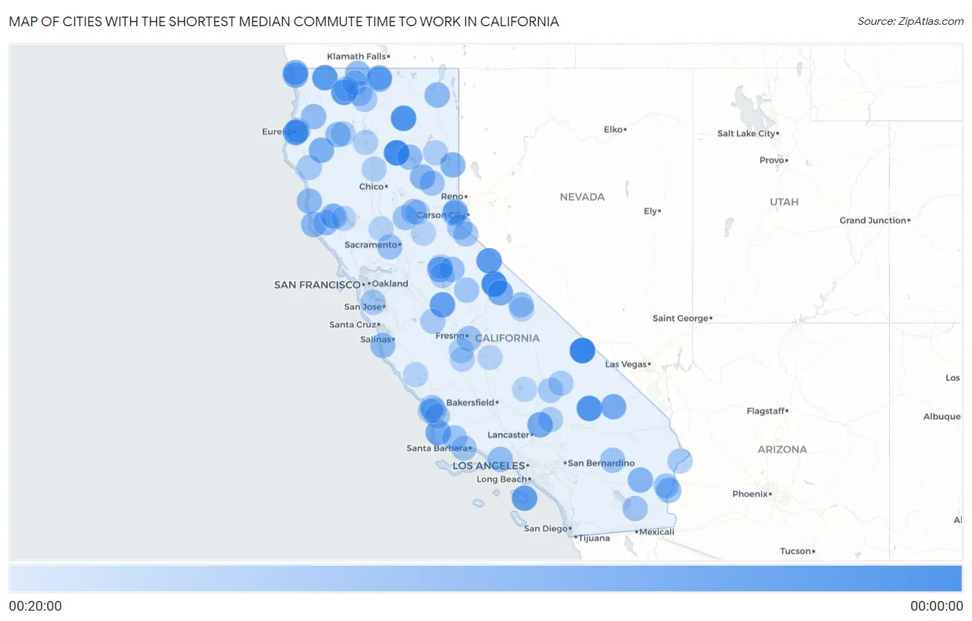 Cities with the Shortest Median Commute Time to Work in California Map