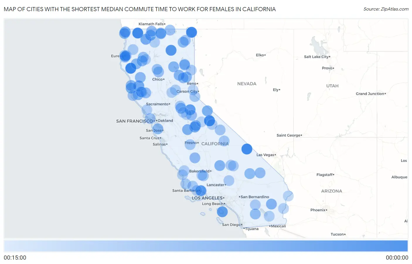 Cities with the Shortest Median Commute Time to Work for Females in California Map