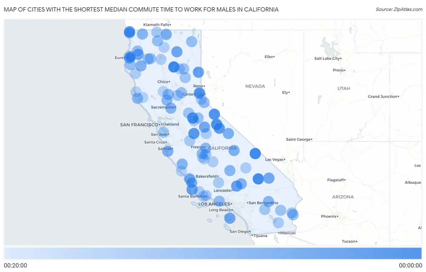 Cities with the Shortest Median Commute Time to Work for Males in California Map