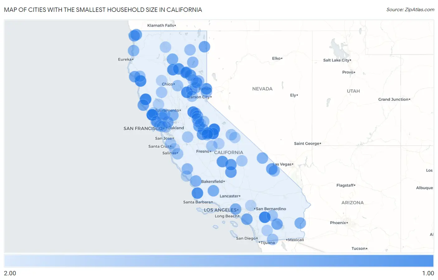 Cities with the Smallest Household Size in California Map