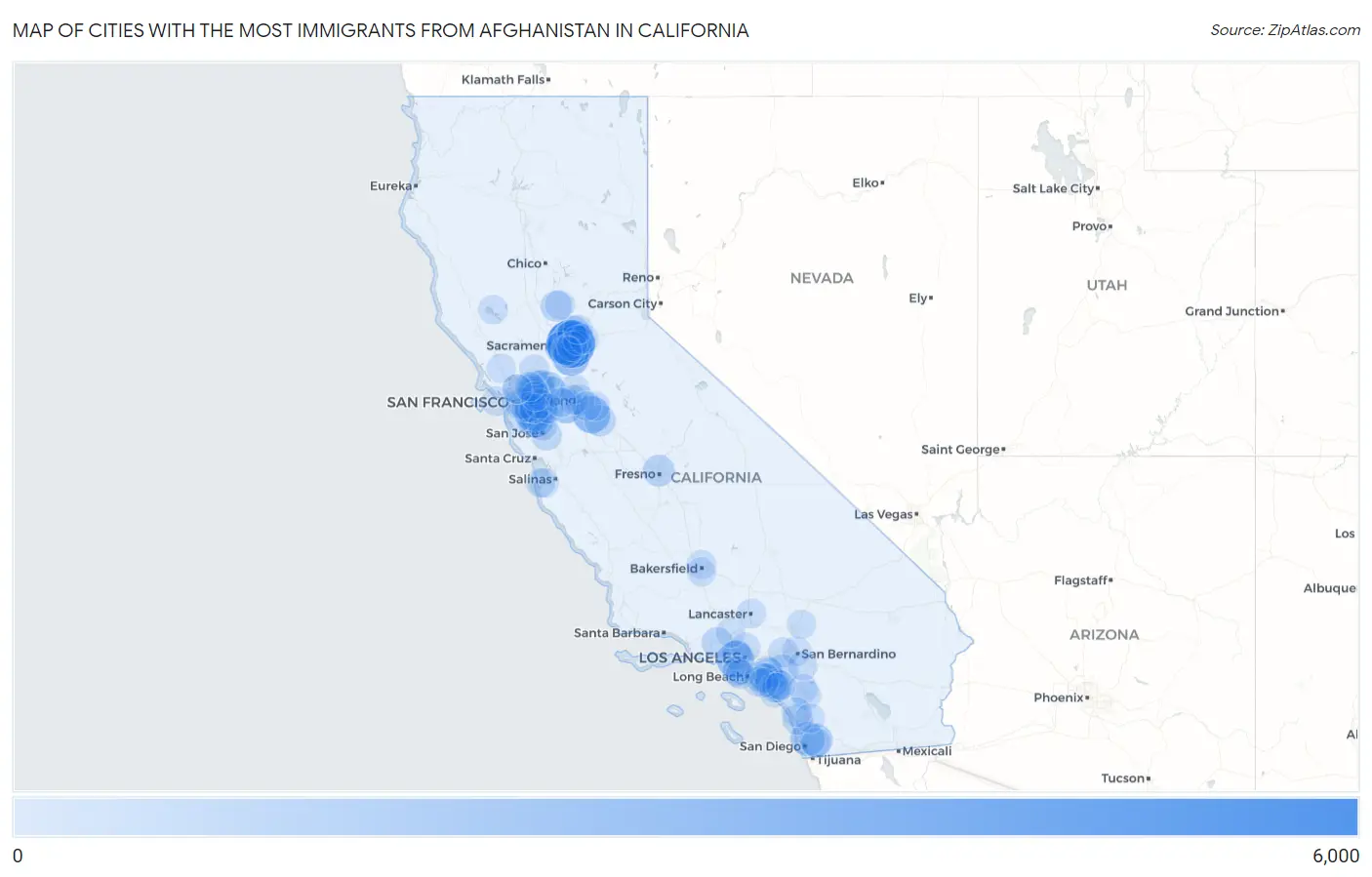 Cities with the Most Immigrants from Afghanistan in California Map