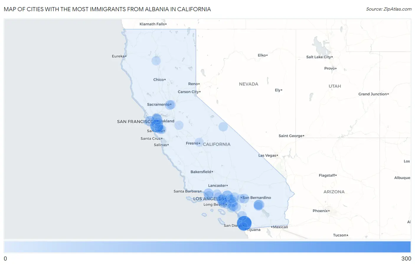 Cities with the Most Immigrants from Albania in California Map