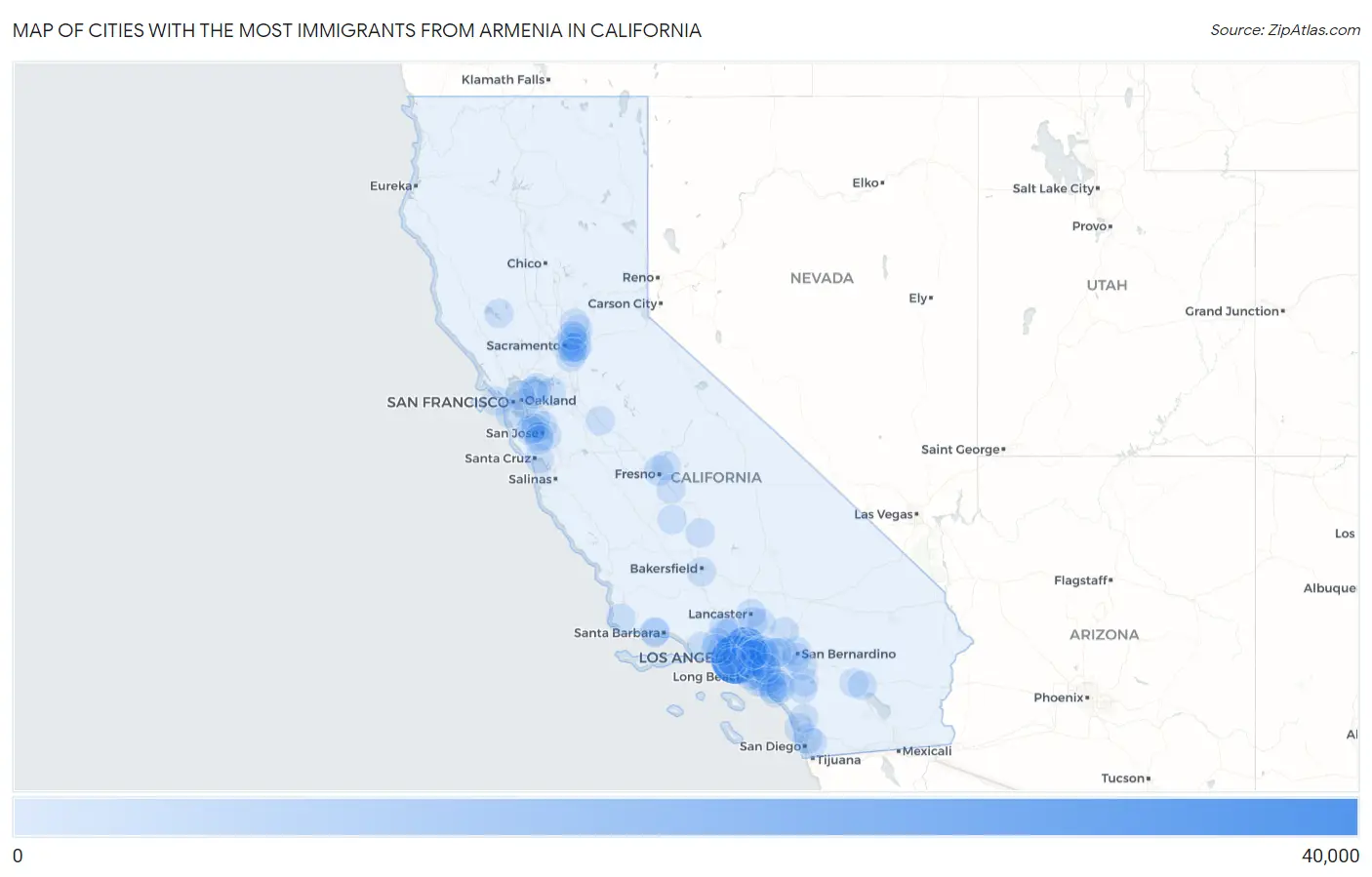 Cities with the Most Immigrants from Armenia in California Map