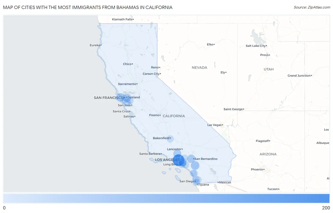 Cities with the Most Immigrants from Bahamas in California Map