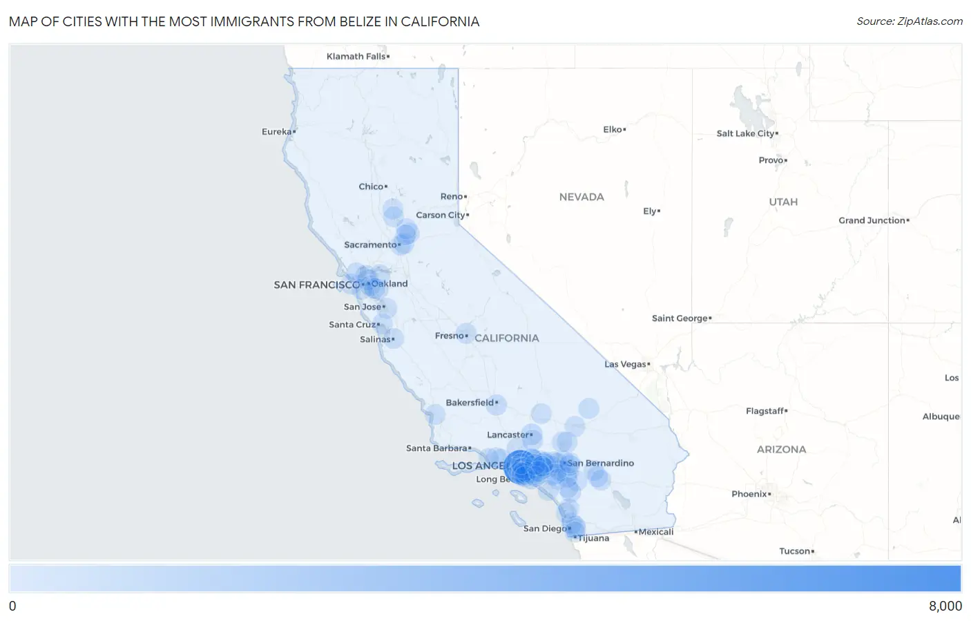 Cities with the Most Immigrants from Belize in California Map